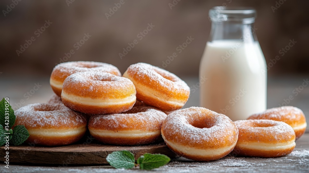 A delightful presentation of frosted donuts paired with milk and adorned with fresh mint leaves, creating a refreshing touch that enhances the overall aesthetic appeal. A delightful presentation of frosted donuts paired with milk and adorned with fresh mint leaves, creating a refreshing touch that enhances the overall aesthetic appeal.