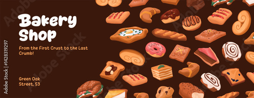 Design of advertising banner of bakery store with croissants, cupcakes, donuts. Template of bakehouse, pastry shop promotion. Layout with baked goods, flour desserts, food. Flat vector illustration