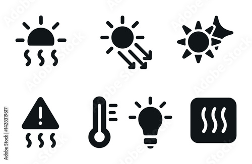 Obraz na płótnie Weather and climate icon set - solid style meteorology, temperature, and forecast symbols for environmental data: sun, uv index, heat wave, warning, thermometer, light bulb, heat. w salonie