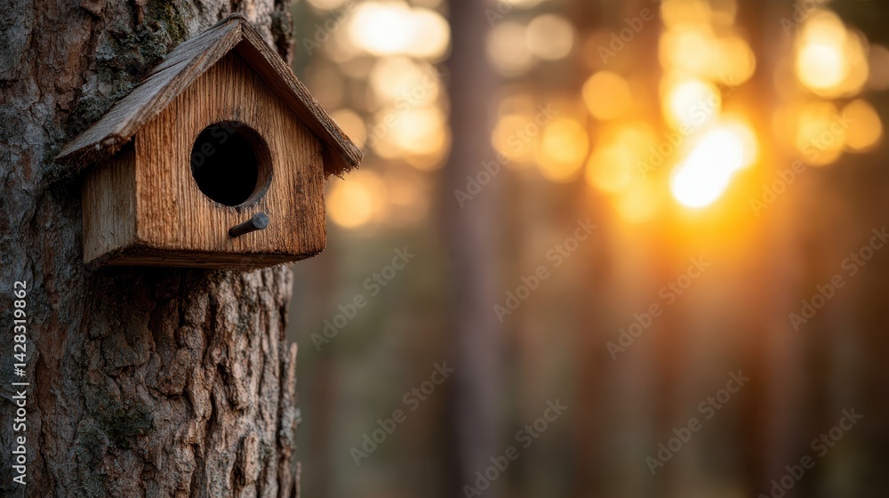 A simple wooden birdhouse fastened to a tree trunk, bathed in warm sunlight, representing a serene union with nature and a perfect spot for nesting birds, embodying nature's simplicity. A simple wooden birdhouse fastened to a tree trunk, bathed in warm sunlight, representing a serene union with nature and a perfect spot for nesting birds, embodying nature's simplicity.