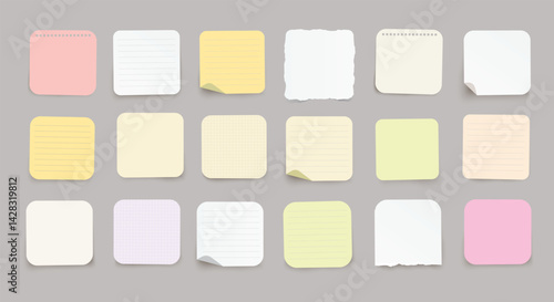 Set of vector realistic note papers with rounded corners and diffrent colors on transparent background.