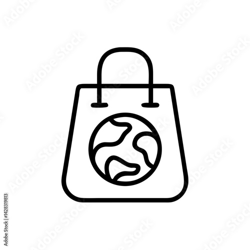 Reusable tote bag icon with planet symbol — minimalist monoline illustration for eco-friendly retail, sustainable shopping, conscious consumerism, green packaging, and ethical commerce branding