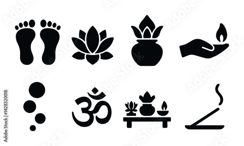 Mindfulness and meditation solid icon set – silhouette spiritual symbols for yoga practice and relaxation: lotus, incense, om, diya, footprints, puja thali, bubbles, kalash.