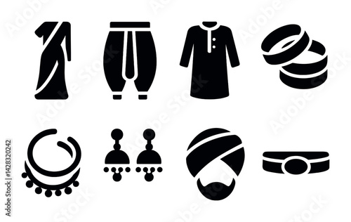 Indian traditional clothing icons set – solid style cultural, ethnic, and festive symbols for fashion designs: saree, dhoti, kurta, bangles, necklace, earrings, turban, belt.