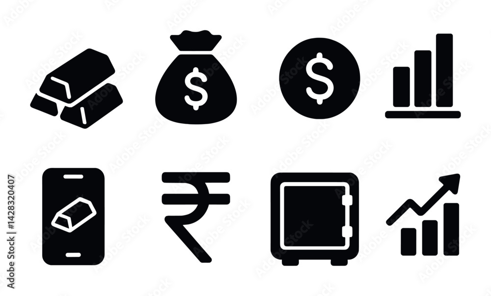 Finance and banking solid icons set – silhouette style for investment and currency management: gold bars, money bag, dollar sign, bar chart, smartphone, rupee, safe, growth chart.