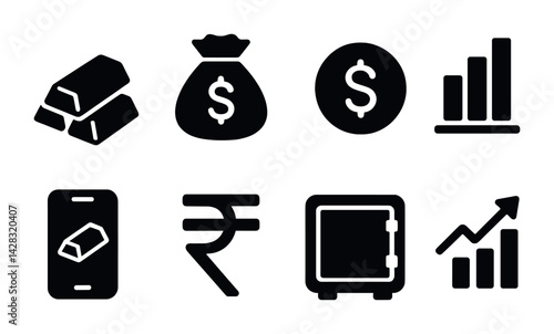 Obraz na płótnie Finance and banking solid icons set – silhouette style for investment and currency management: gold bars, money bag, dollar sign, bar chart, smartphone, rupee, safe, growth chart. w salonie