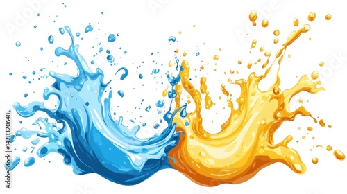 Colorful liquid splashes, vibrant mix of blue water and orange juice