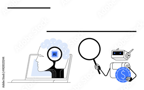Robot holding magnifying glass and crypto coin, human brain connected to AI chip on laptop. Ideal for innovation, AI, cryptocurrency, technology, learning, analysis finance. Flat simple metaphor