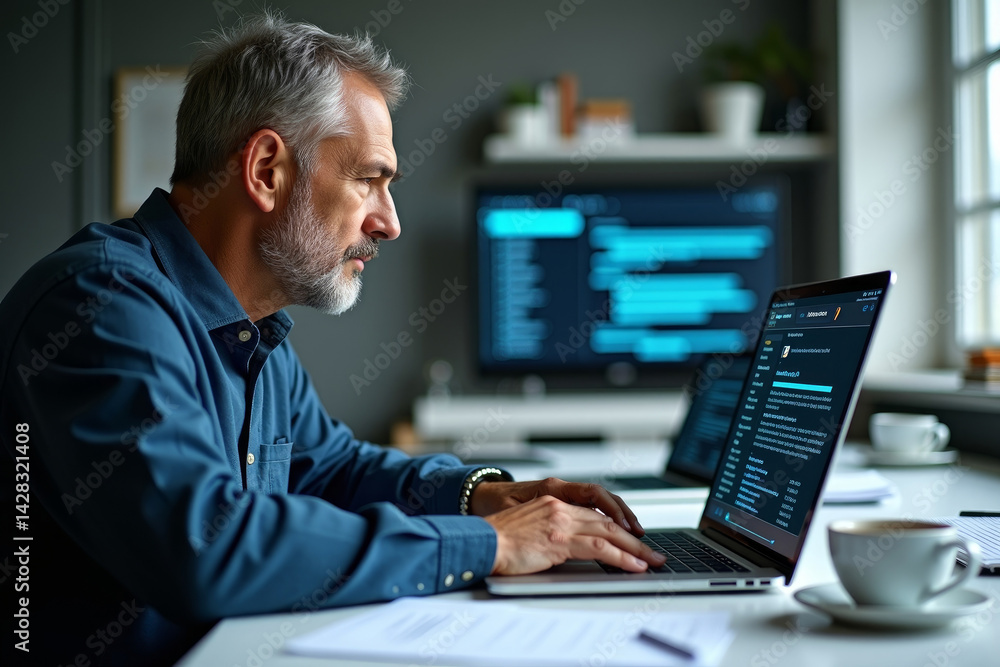 Close up senior businessman working with statistics, looking at laptop screens with graphs and diagrams, synchronizing electronic devices, checking financial report presentation, sitting at desk. AI Close up senior businessman working with statistics, looking at laptop screens with graphs and diagrams, synchronizing electronic devices, checking financial report presentation, sitting at desk. AI