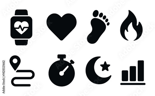 Health and fitness silhouette icons set - solid design wellness, exercise, and activity symbols for healthy living: smartwatch, heart, footprint, flame, map, timer, moon, graph.