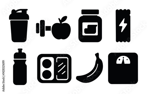 Fitness and nutrition silhouette icons set – filled style wellness, workout, and health symbols for personal training: shaker, dumbbell, apple, jar, bar, bottle, meal, banana, scale.