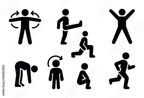 Fitness exercise silhouette icons set – solid style workout, health, and gym symbols for training programs: stretching, lunges, jumping, jogging, squats, warm-up, cardio.