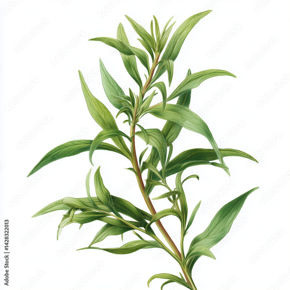 Fototapeta premium Tarragon herb botanical illustration, fresh green tarragon sprig on white background, aromatic culinary herb plant