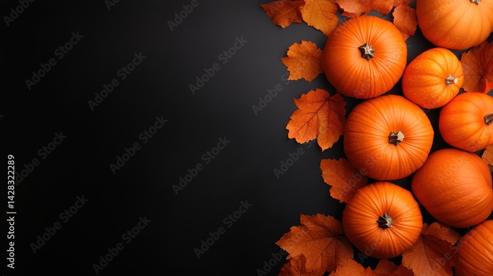 A captivating display of autumn pumpkins surrounded by vibrant orange leaves on a dark backdrop, evoking coziness and the spirit of the fall season. A captivating display of autumn pumpkins surrounded by vibrant orange leaves on a dark backdrop, evoking coziness and the spirit of the fall season.