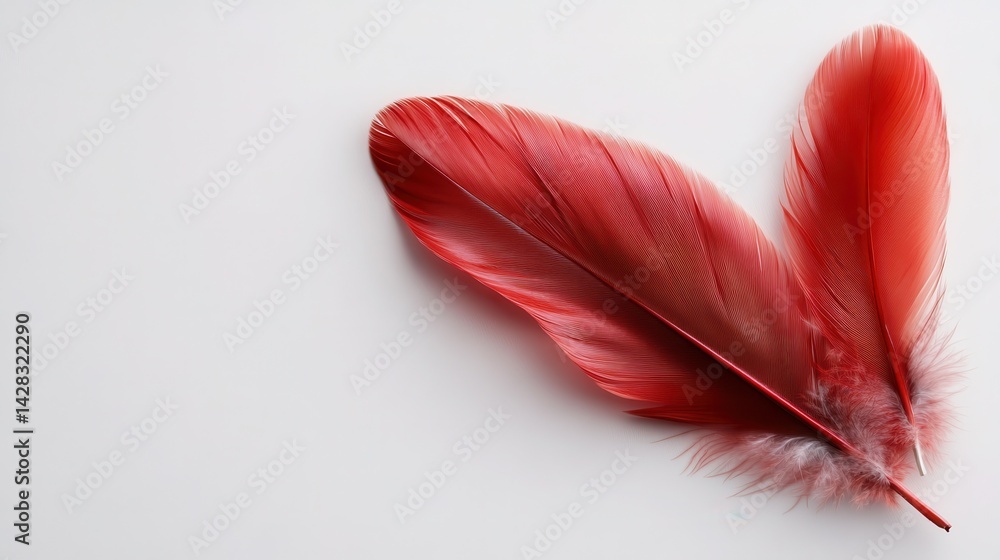 A stunning display of vibrant red feathers elegantly arranged on a clean white background, showcasing their texture, color, and delicate beauty in a minimalist setting. A stunning display of vibrant red feathers elegantly arranged on a clean white background, showcasing their texture, color, and delicate beauty in a minimalist setting.