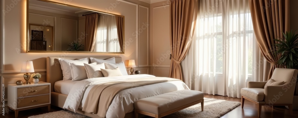 Elegant bedroom with oversized mirror and silk curtains, room, cozy Elegant bedroom with oversized mirror and silk curtains, room, cozy