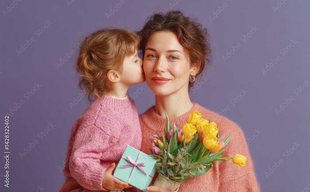 Daughter Kissing Mother on Mothers Day with Flowers and Gift
