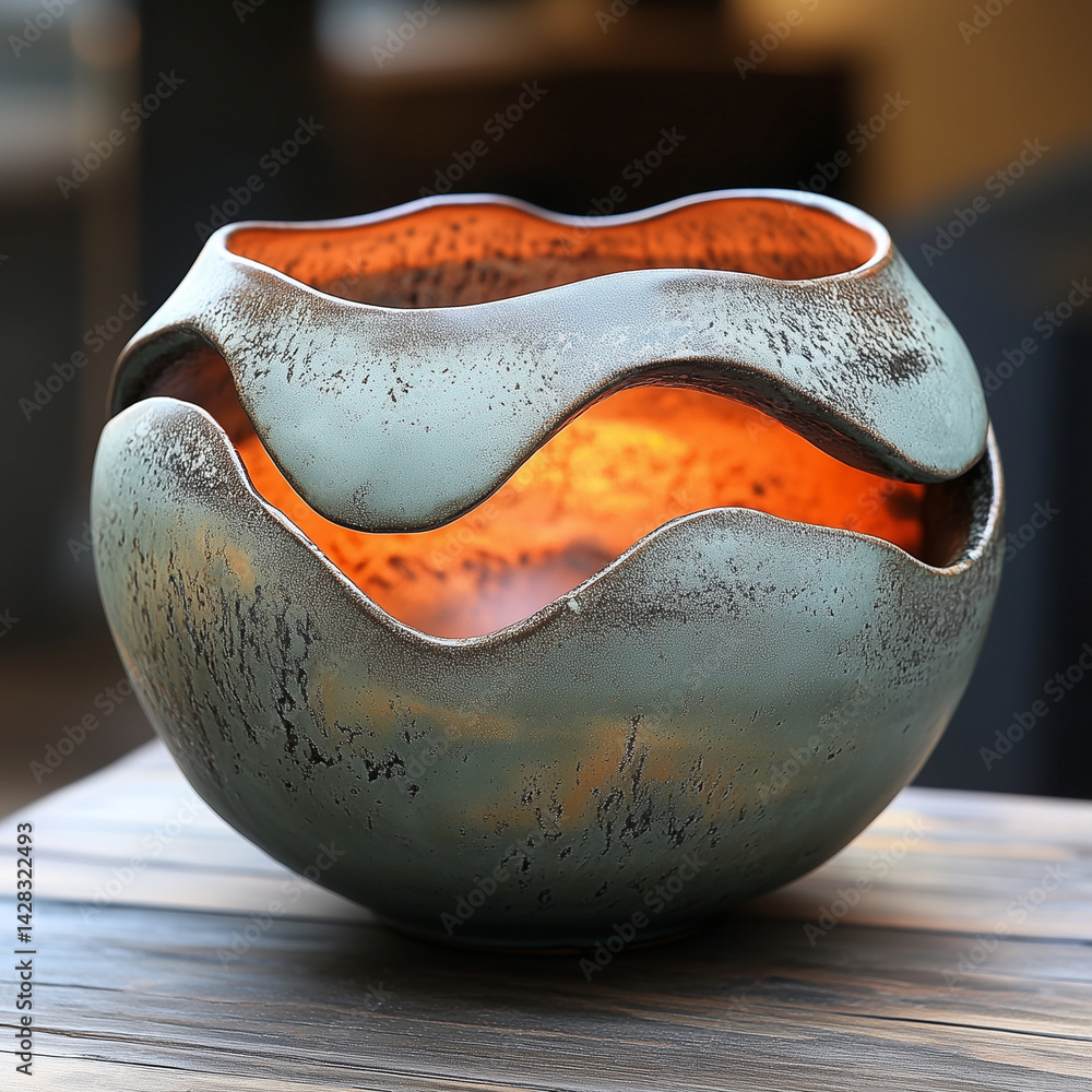 Obraz premium Elegant teal ceramic bowl glowing warm light rustic wood background handcrafted artisan pottery