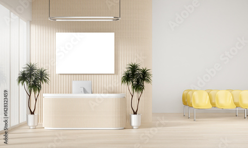 Contemporary Reception Space with Yellow Seating, 3D Render Illustration