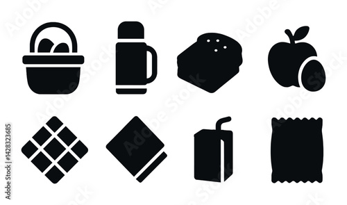 Culinary essentials solid icons set – flat style cooking, kitchen, and food prep symbols for chefs: basket, thermos, bread, apple, napkin, juice box, snack, eggs.