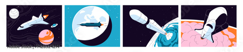 Set of rockets in universe travel. Launch, flying and landing of spacecrafts. Spaceships are in cosmos. Shuttles start up into space, discovering planets while flight. Flat vector illustrations