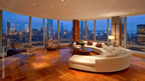 Modern living room with panoramic city views, featuring stylish furniture and warm lighting.