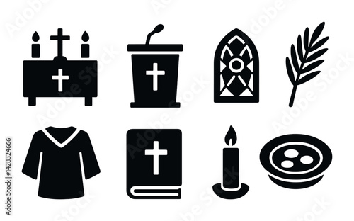 Worship and faith silhouette icons set – solid style religious, church, and spirituality symbols for community and reflection: altar, pulpit, stained glass, palm branch, robe, bible, candle,