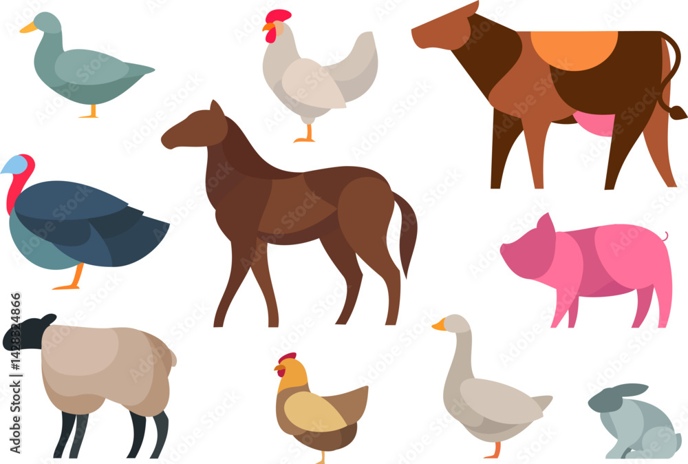 Naklejka premium Farm birds and animals silhouette in cartoon simple style. Duck, rooster, cow, turkey, horse, pig, sheep, chicken, goose, rabbit. Colorful flat character design. Fashion child vector illustration.