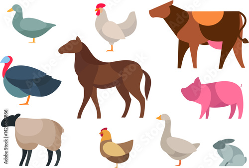 Farm birds and animals silhouette in cartoon simple style. Duck, rooster, cow, turkey, horse, pig, sheep, chicken, goose, rabbit. Colorful flat character design. Fashion child vector illustration.