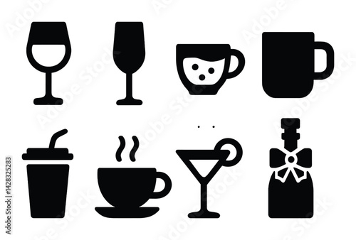 Drink and beverage icon set - solid style with coffee, wine, and cocktail symbols for refreshment and party design: wine glass, champagne bottle, coffee cup, cocktail, mug, soft drink.