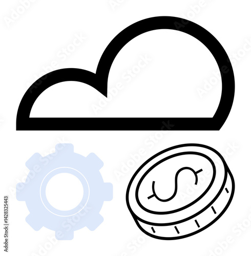 Cloud outline above a gear and dollar coin representing data storage, innovation, and investment. Ideal for tech services, business growth, cloud solutions, financial planning, operations, digital
