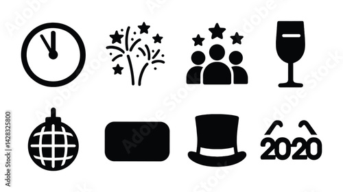 New year celebration icon set – solid style festive, party, and holiday symbols for event planning: clock, fireworks, group, wine glass, disco ball, ticket, top hat, glasses.