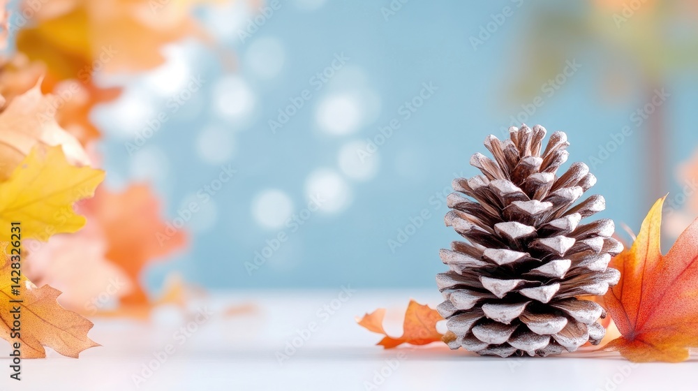 Autumnal scene with pinecone and leaves