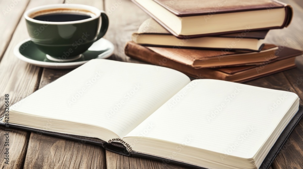 Fototapeta premium A cozy scene with an open notebook and a cup of coffee on a wooden table.