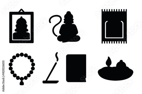 Spirituality and meditation silhouette icons set – filled style for mindfulness and inner peace: deity statue, prayer rug, incense stick, mala beads, candle, spiritual book.