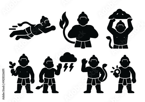 Epic hanuman icons set – solid silhouette mythology symbols for cultural design: flying hanuman, mountain bearer, storm hanuman, tail whip, meditative pose, torch bearer.