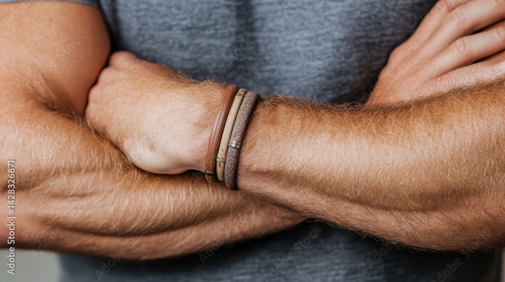 Fototapeta premium A muscular pair of arms crossed, adorned with stylish leather bracelets, emphasizing both strength and fashion in a modern context of everyday masculinity and personal style.