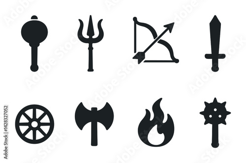 Ancient weapons silhouette icons set – solid style medieval, historical, and battle symbols: mace, trident, bow and arrow, sword, wheel, axe, fire, flail.