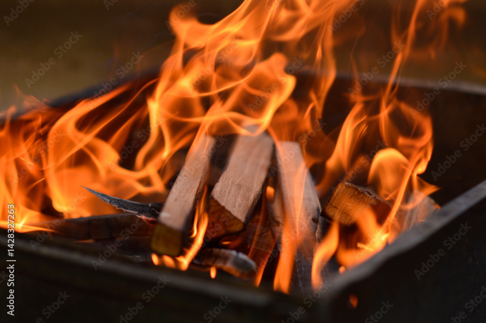 wood burning on fire close up