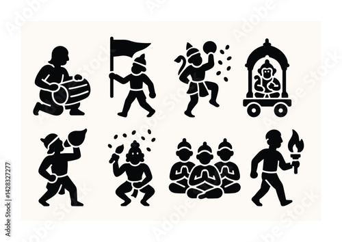 Hindu festival silhouette icon set – solid style cultural celebration, tradition, and ritual symbols for festive design: drummer, flag bearer, deity chariot, dancer, torch bearer.