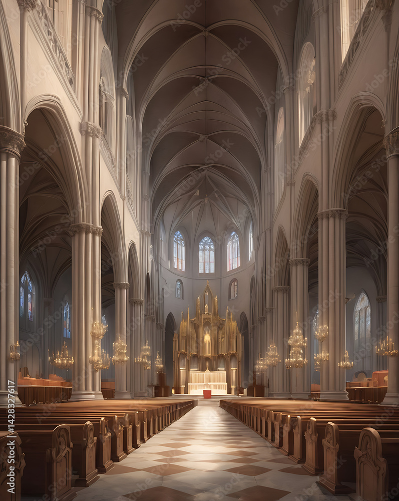 Fototapeta premium Wide-angle shot of a cathedral’s nave with rows of pews, chandeliers, and a majestic altar.