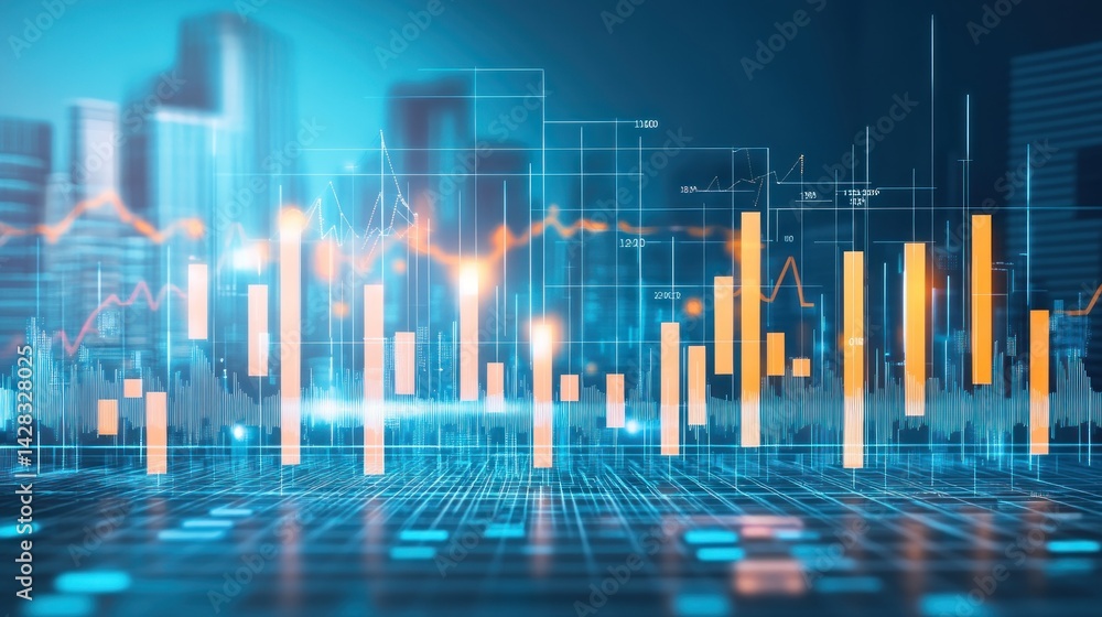 Fototapeta premium Financial data visualization overlaying a city skyline.