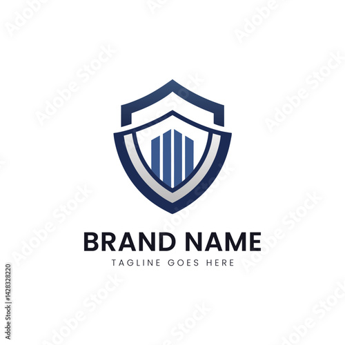 A sleek and modern logo design featuring a shield symbol, conveying strength and protection, with a navy blue color scheme and stylized columns inside.