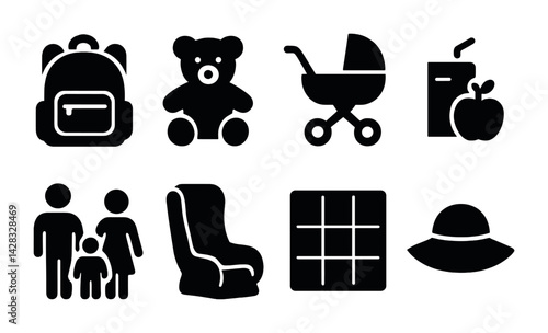 Family and parenting icon set – silhouette style childcare, parenting tips, and safety symbols for family planning: backpack, teddy bear, stroller, juice box, family, car seat, grid, sun hat.