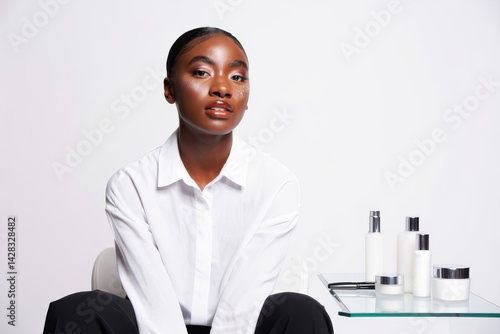 Portrait Beautiful young woman with shiny make up wearing white shirt and black pants Beauty Cosmetics Healthcare concept