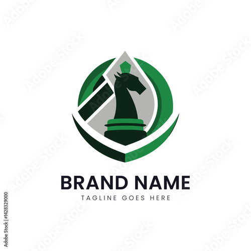 A modern logo design featuring a stylized chess piece in green tones, symbolizing strategy and intelligence, ideal for businesses focused on games or consulting.
