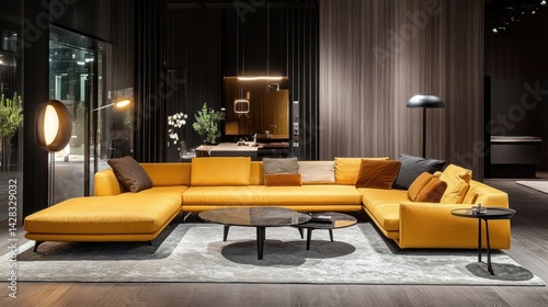 Modern living room featuring a yellow sectional sofa and stylish decor.