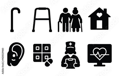 Senior care silhouette icon set – solid style elderly support, health, and community symbols: walking cane, walker, elderly couple, home care, hearing aid, medication, nurse, heart monitor.