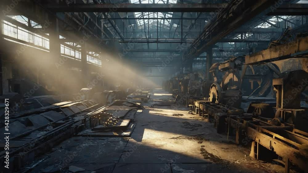 Sunlit, abandoned industrial factory interior. Sunlit, abandoned industrial factory interior.