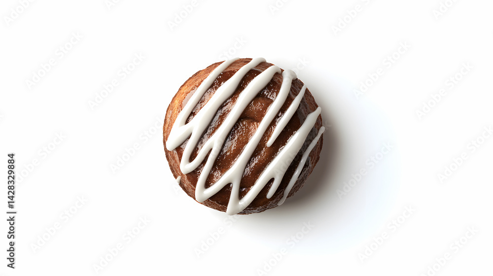 Chocolate Donut with White Icing Drizzle – Top-Down Studio Shot of Glossy Dessert on White Background Chocolate Donut with White Icing Drizzle – Top-Down Studio Shot of Glossy Dessert on White Background